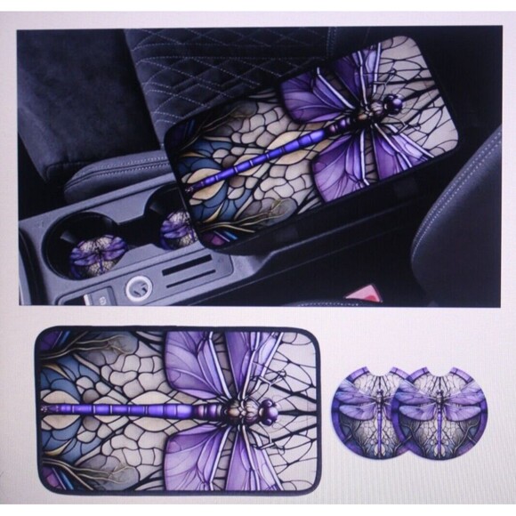 Dragonfly Console Cover & Matching Drink Holder Coasters 3 Pc Set Colorful NIP - Picture 1 of 9